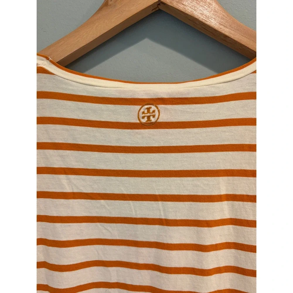 Tory Burch Orange Cream Striped Pima Cotton V-Neck T-Shirt XS‎ Short Sleeve Top